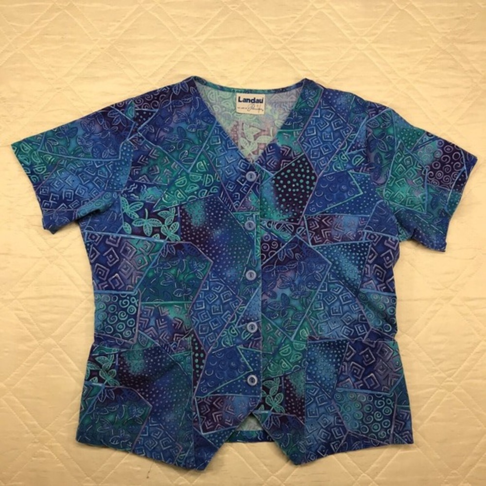 Landau button front blue scrub‎ top size L